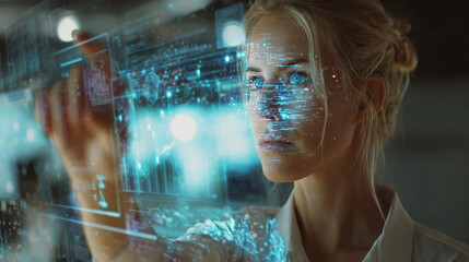 A woman intently interacts with a complex holographic display, her fingers navigating through digital information