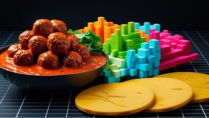Artistic Food Styling with Meatballs, Salads, Sauces, and Playful Symmetrical Block Arrangements

