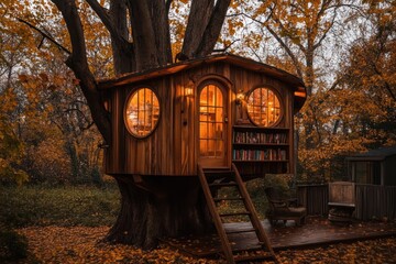 Cozy treehouse at twilight