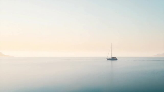 Tranquil sailboat in ocean on calm water, a sailboat gliding softly. Serene vista showcases smooth surface and distant mountains under soft, pastel skies, enhancing mood and sense of peace.