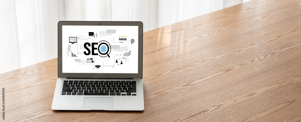Aufkleber seo search engine optimization for modish e-commerce and online retail business showing on computer 
