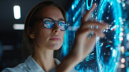 A woman with glasses reaches out to touch a bright blue digital interface, exploring futuristic data streams