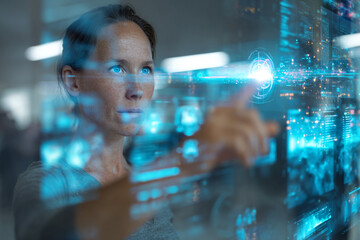 A woman interacts with a futuristic holographic interface displaying complex data and networks