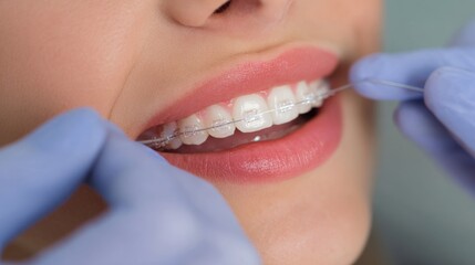 Fototapeta premium Orthodontist gently tightening wires on ceramic braces in a welllit clinic showcasing detailed care during routine orthodontic treatment.