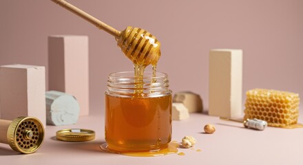 Golden Honey Drips from Dipper into Jar, Pink Background with Geometric Shapes