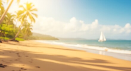 Tropical Beach Bliss Serene Coastal Scene with Palm Trees and Gentle Waves