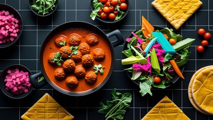 Creative Culinary and Abstract Composition Featuring Indian Cuisine and Bright Cubes with Tortillas