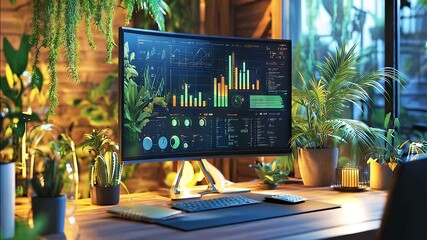 Cozy workspace featuring monitor displaying data surrounded by lush indoor plants - Powered by Adobe