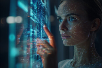 A woman with a sparkling face touches a glowing digital screen filled with data streams