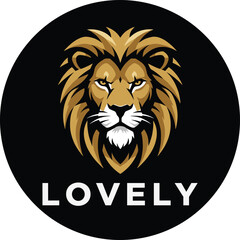 Majestic Lion Head with Golden Mane in a Black Circle Frame, Featuring LOVELY Text Below, Symbolizing Strength, Royalty, and Branding, Flat Vector Illustration