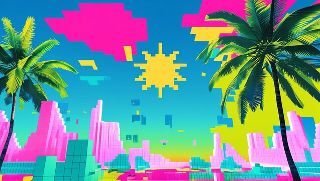 Miami Vice Inspired City Scene with Bold Hues, Palm Trees, and a Sunset-like Sky