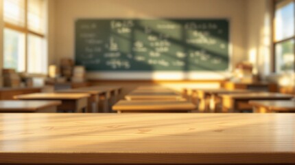 Classroom environment with wooden desks and green chalkboard illuminated by sunlight in a school setting