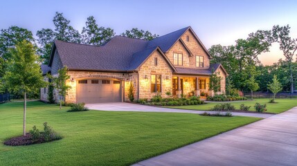 Suburban home with green lawn at dusk for real estate marketing