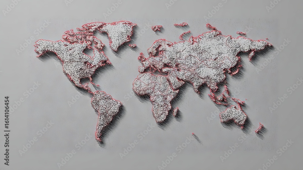 Poster world map illustration created with intricate lines and textures, featuring a unique red outline, sh