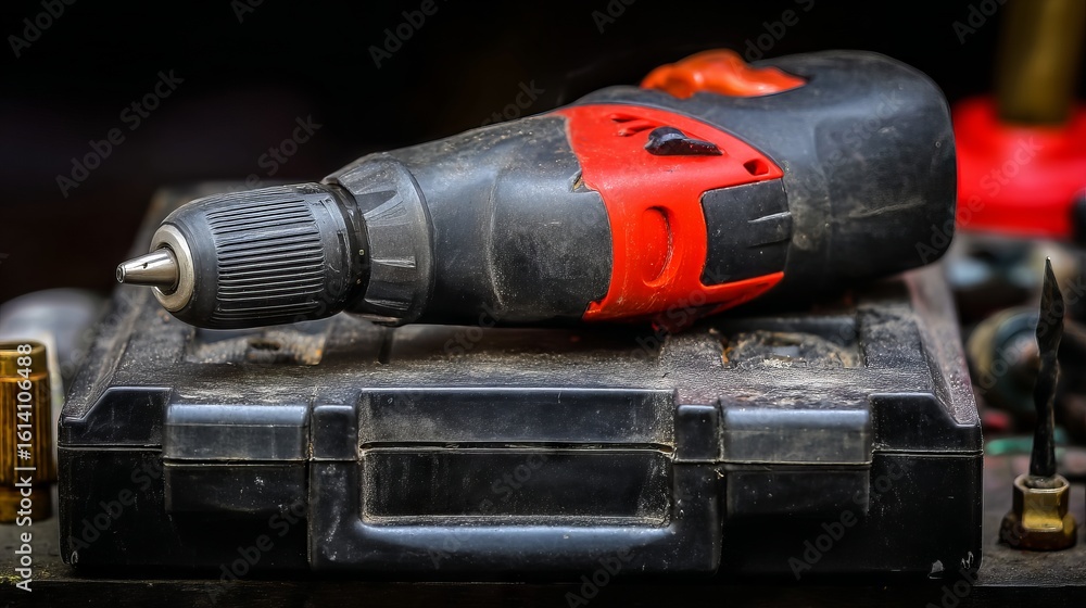 Poster power drill resting on a black toolbox, surrounded by various tools and equipment, showcasing the es