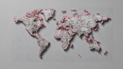 World map illustration created with intricate lines and textures, featuring a unique red outline, showcasing geographical features and artistic representation of global continents