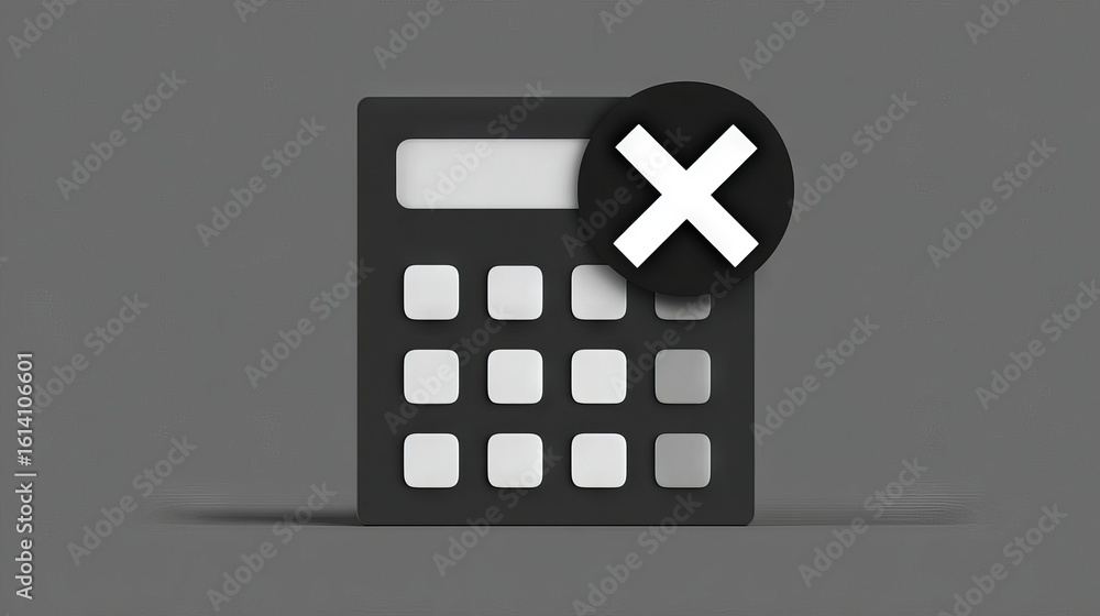 Poster black calculator with a white display and a large cross symbol on a gray background, symbolizing rej