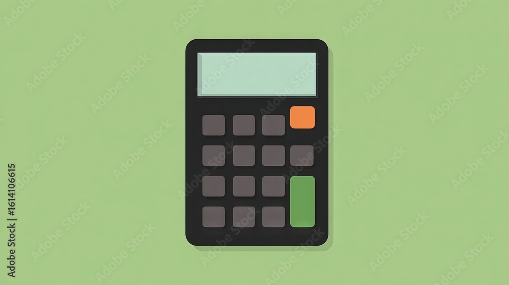 Poster flat illustration of a black calculator with a green background, featuring buttons in various colors