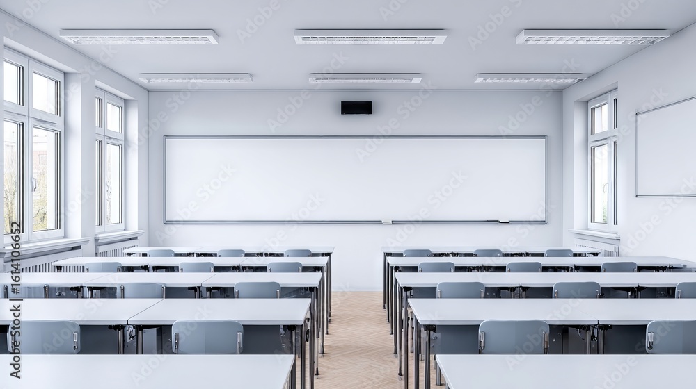 Poster modern classroom interior featuring rows of desks and chairs, large windows allowing natural light, 