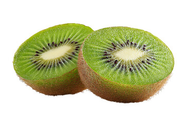 A realistic photograph of two kiwi fruits cut in half, isolated on a white  isolated on a transparent background in PNG format.