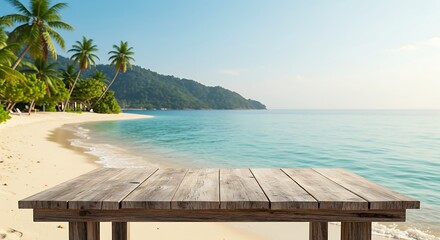 Empty wooden table top on a serene tropical beach with palm trees and clear blue sea