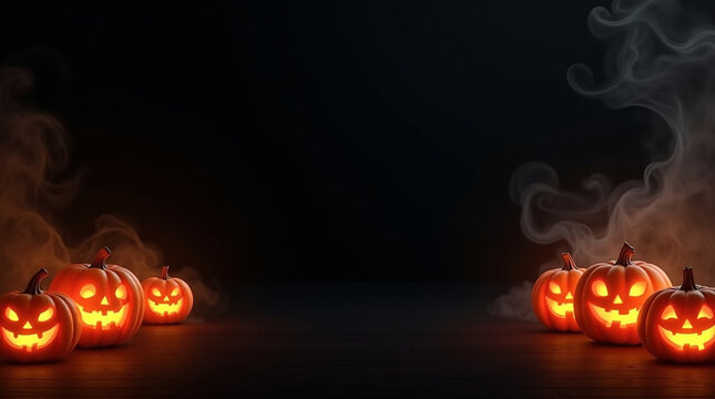 A spooky halloween background featuring glowing jack olantern pumpkins and smoke, creating an eerie atmosphere for a festive celebration