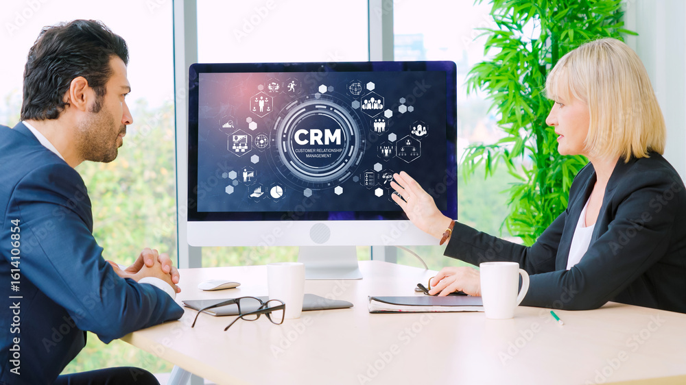 Poster customer relationship management system on modish computer for crm business and enterprise