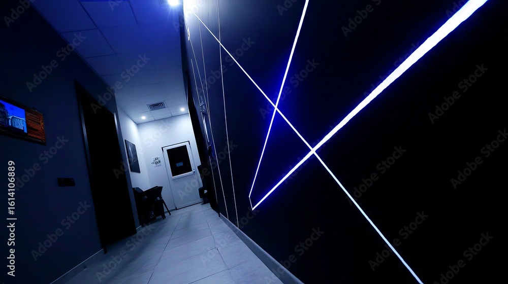 Poster modern hallway featuring sleek design elements, illuminated with blue led lights, showcasing geometr