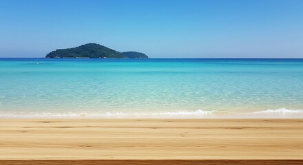 Empty wood plank with a serene seascape background of a tropical island and clear blue water.