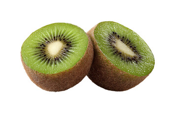 A realistic photograph of two kiwi fruits cut in half, isolated on a white  isolated on a transparent background in PNG format.