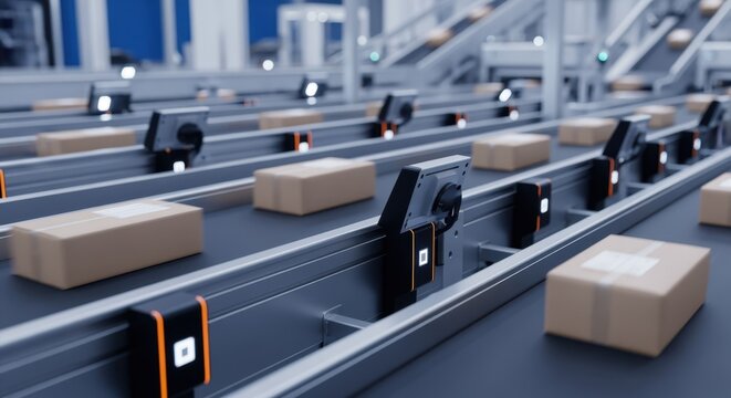 Conveyor belts integrated with sensors moving parcels in a smart facility.