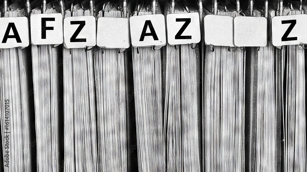 Poster black and white image of organized file folders with alphabetical labels a to z, showcasing an effic