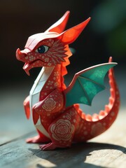A detailed red dragon figurine with ornate designs, representing fantasy and mythological themes.