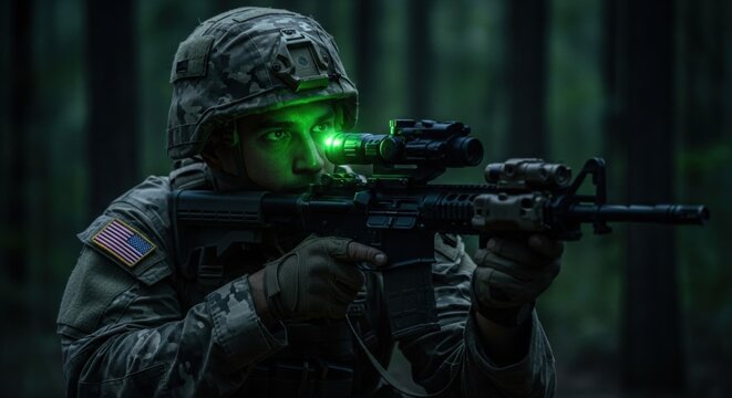 Male soldier with a rifle aiming at night using a green laser sight for military operation concept and special forces training.