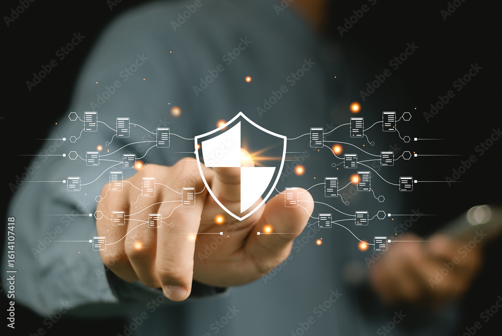 Poster cyber security and security password login online concept hands typing and entering username and pas