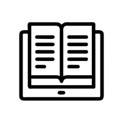 Tablet displaying an open book app icon in black outline style