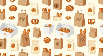 Seamless pattern of bakery items in bags and boxes on transparent background