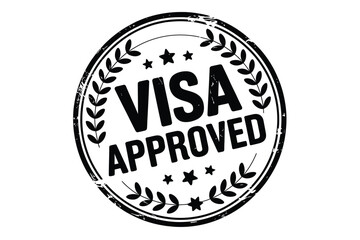 A black and white visa approved stamp with stars and a laurel wreath design around the border