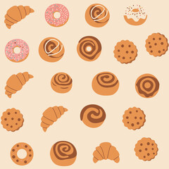Pastry assortment: croissants, donuts, cinnamon rolls, and cookies on transparent background