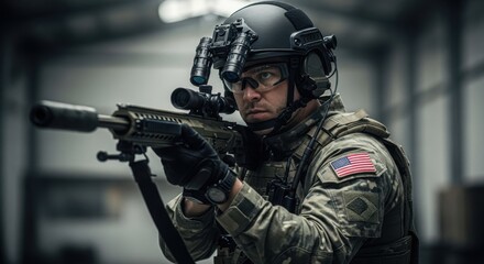 Male soldier with night vision goggles aiming a rifle, depicting military operations and special forces concept