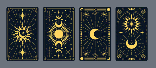 Set of tarot cards with celestial elements: moon, sun, stars, planets on a dark background.