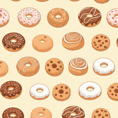 Seamless pattern of cartoon donuts, cookies, and cinnamon rolls on light yellow background on transparent background