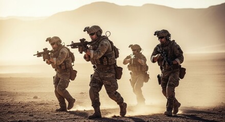 Men soldier team in tactical gear advancing on desert field with weapon in hand. Military special operation concept for war training.