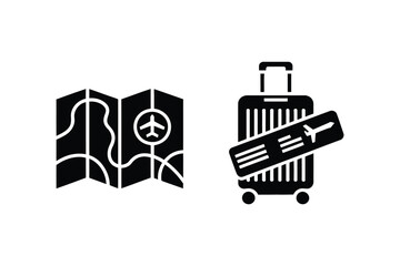 Black and white graphic of a map with an airplane and a suitcase with a ticket for travel