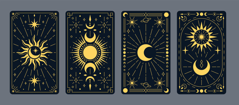 Set of tarot cards with celestial elements: moon, sun, stars, planets on a dark background.