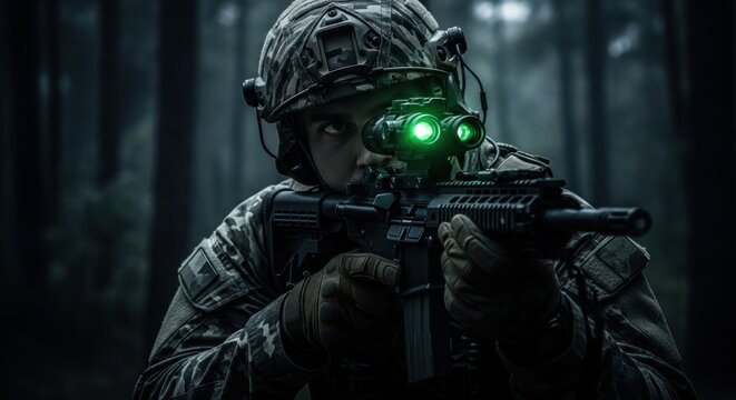 Male soldier with night vision goggles aiming a rifle in a dark forest. Military operation and special forces concept.