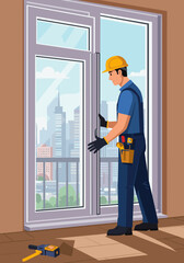 Obraz premium Window installer working on a modern apartment with city view 