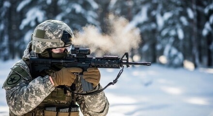 Male soldier aiming rifle in snowy forest with smoke over weapon. Military operation in winter landscape. Special forces man in camouflage.