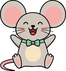 Cute happy cartoon mouse character with bow tie smiling and sitting vector illustration 