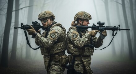 Man and woman soldiers armed with assault rifles in camouflage uniform. Military special operation and army concept.